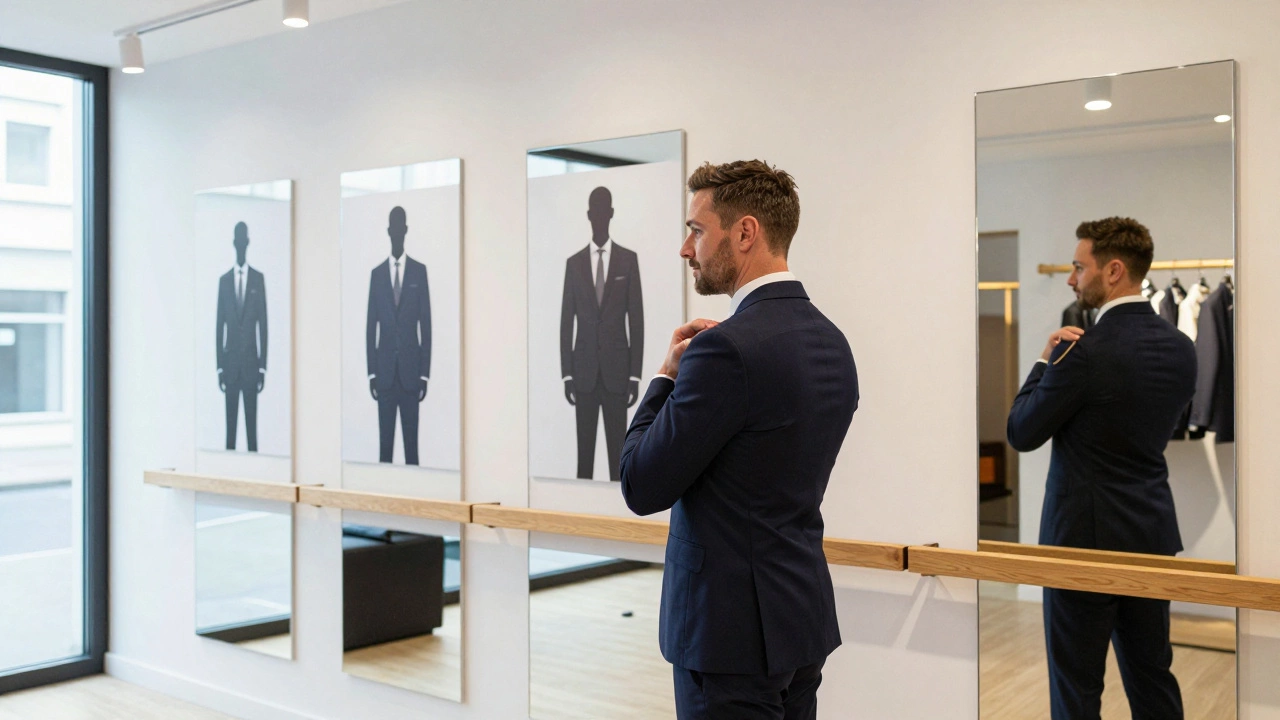 Businessman trying on suits in modern boutique with mirrors showing different fits