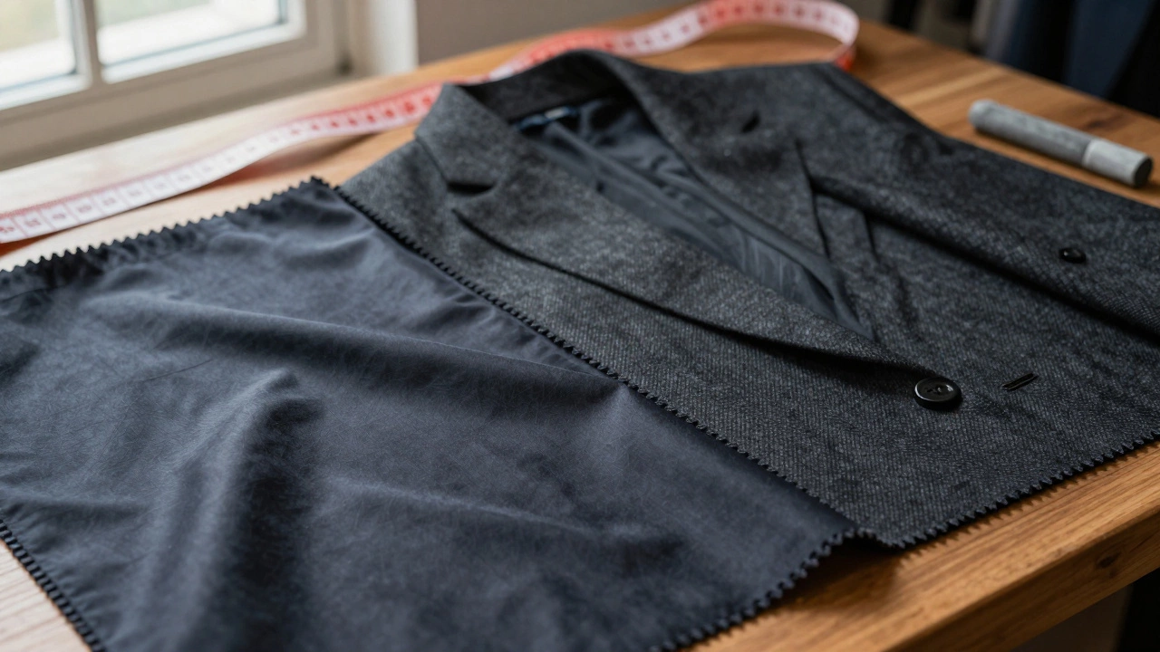 Close-up comparison of synthetic polyester and premium wool suit fabric swatches.