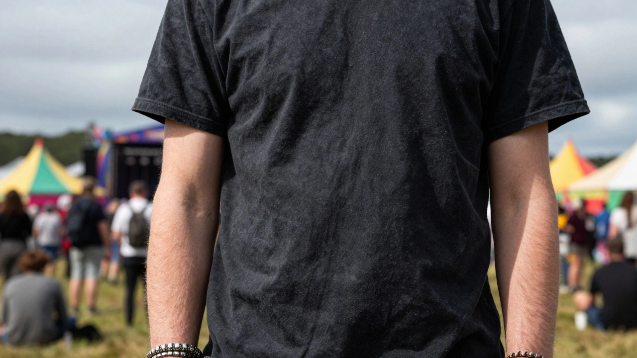 Close-up of a faded black band t-shirt and Irish silver jewelry at a music festival