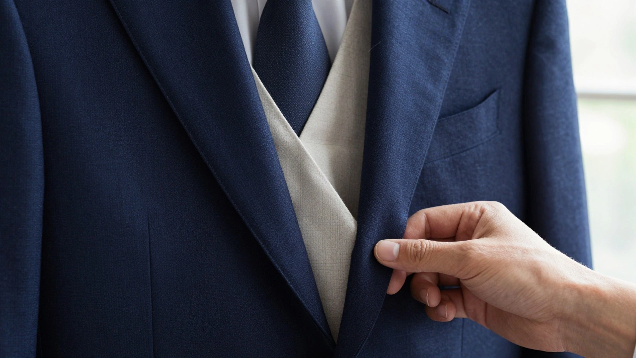Close-up of a hand performing a pinch test to check for a canvassed suit chest.