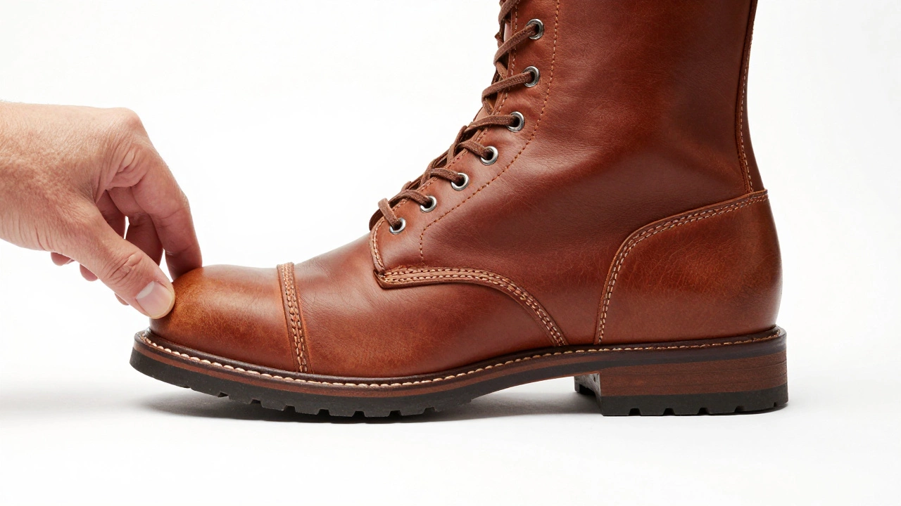 Close-up of a leather boot showing the correct toe space using the thumb's width rule.