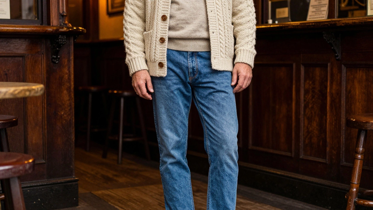 Close-up of a man wearing mid-blue jeans and tan leather brogues in a rustic pub