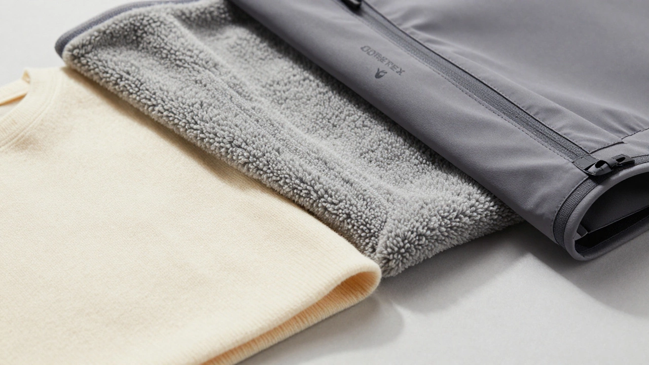Close-up of Merino wool, fleece, and Gore-Tex fabrics illustrating a layering system