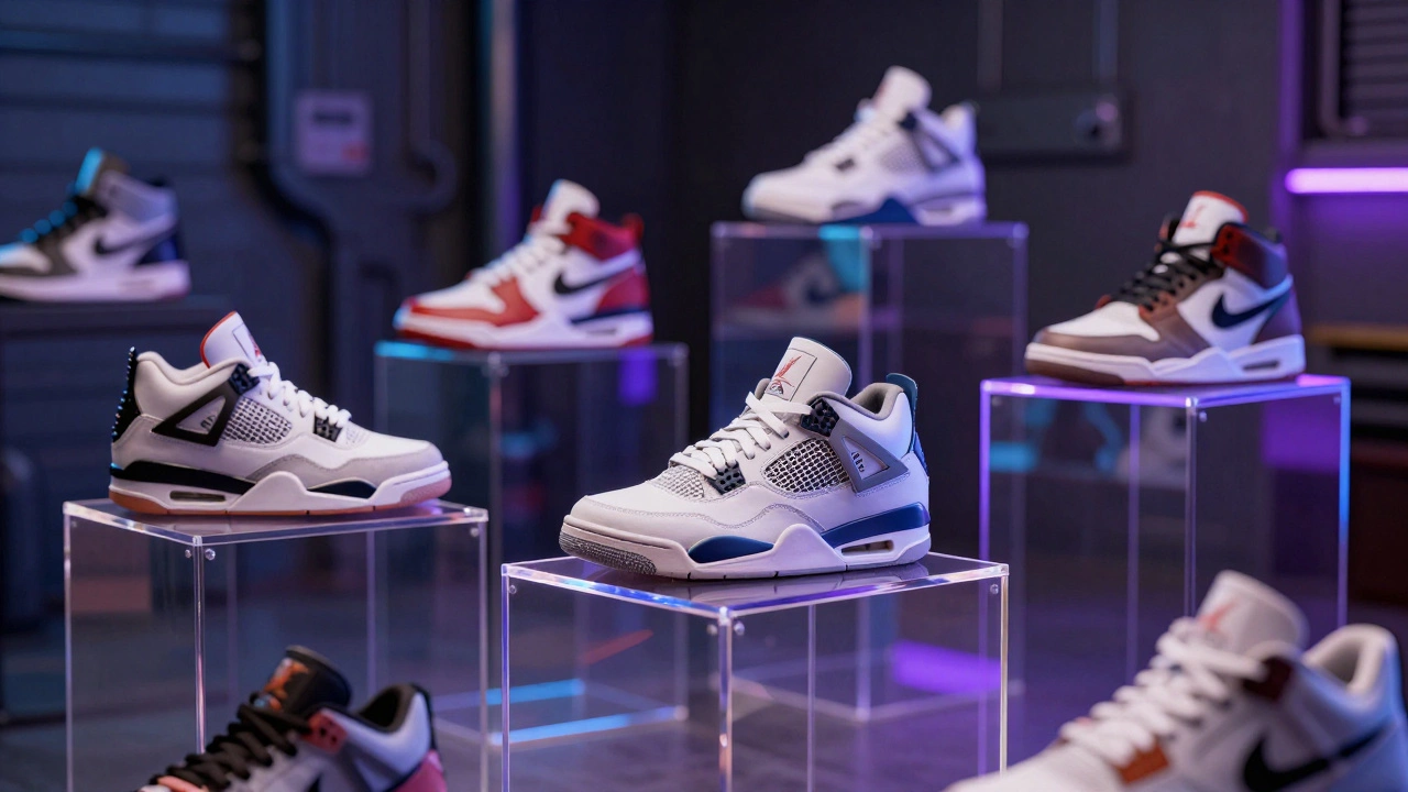 Collection of limited-edition high-top basketball sneakers on display pedestals.
