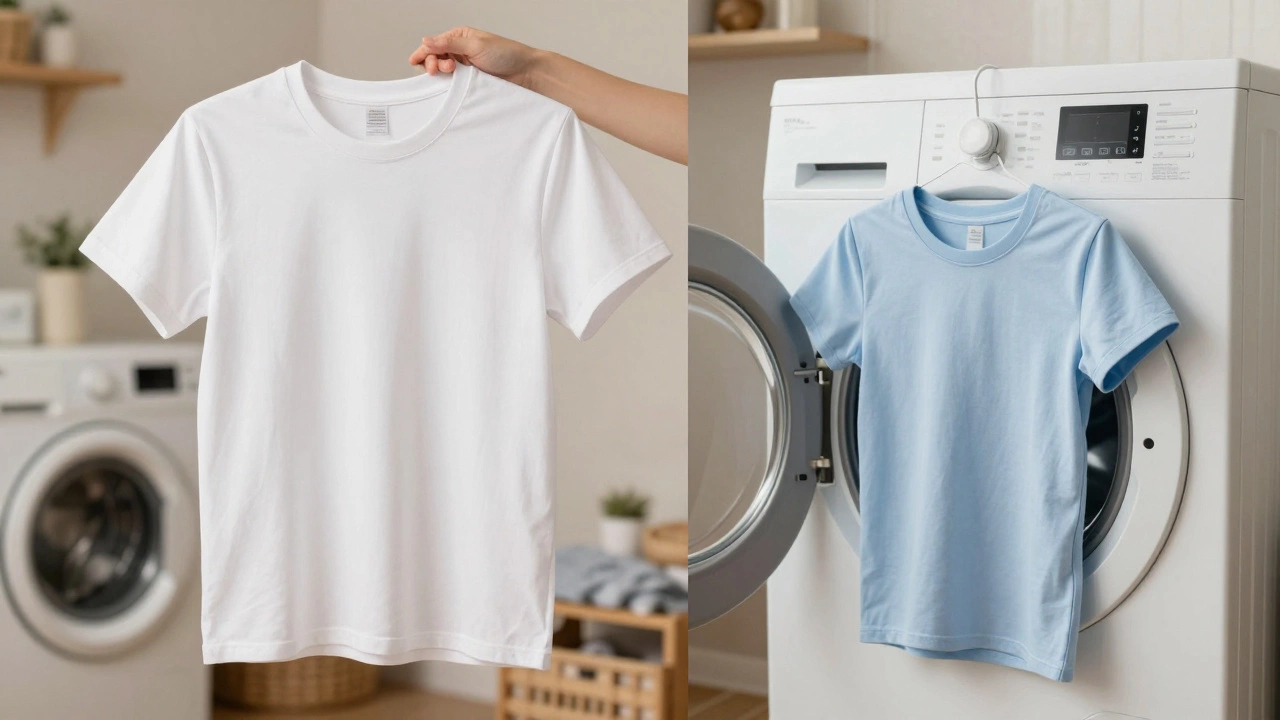 Comparison of a t-shirt before and after shrinking in a tumble dryer.