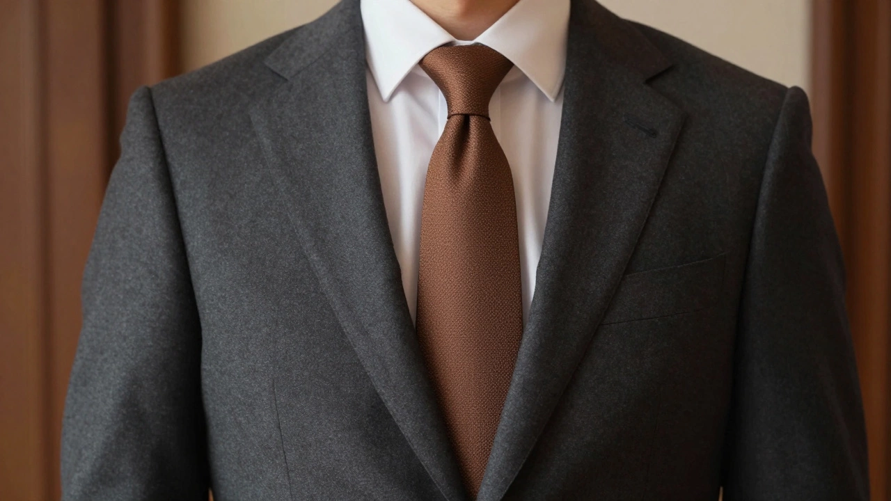 Detail of a charcoal grey matte suit paired with a textured matte tie and white shirt.
