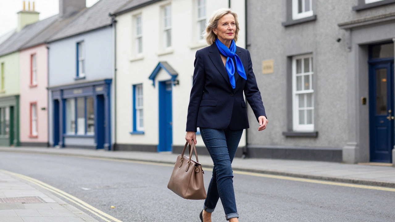 Elegant senior woman in a navy blazer, dark jeans, and a bright blue silk scarf