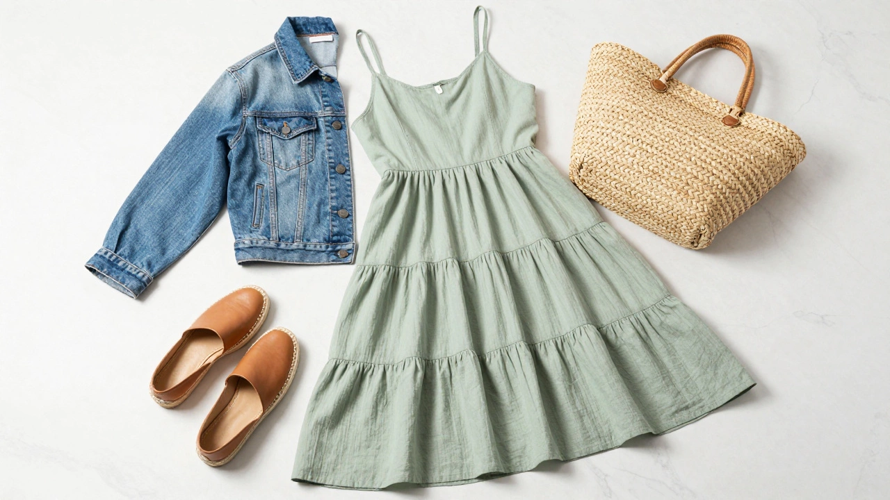 Flat lay of a sage green midi dress, leather espadrilles, and a straw tote bag