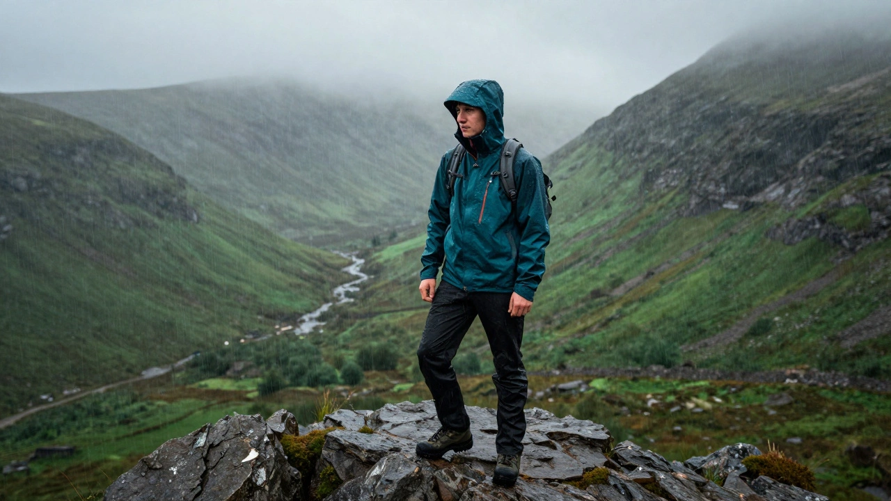 Hiker in a professional waterproof jacket during heavy rain in Killarney National Park