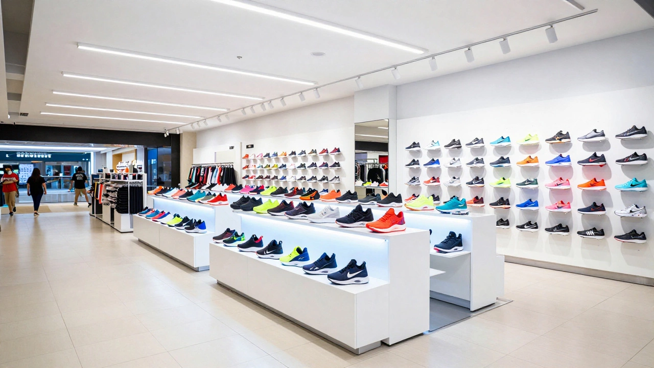Inside a bright American mall featuring a large store with rows of sneakers on shelves.