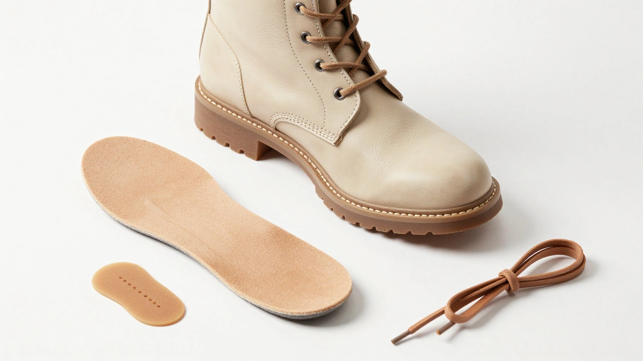 Leather boot surrounded by shoe insoles and heel grips on a white background