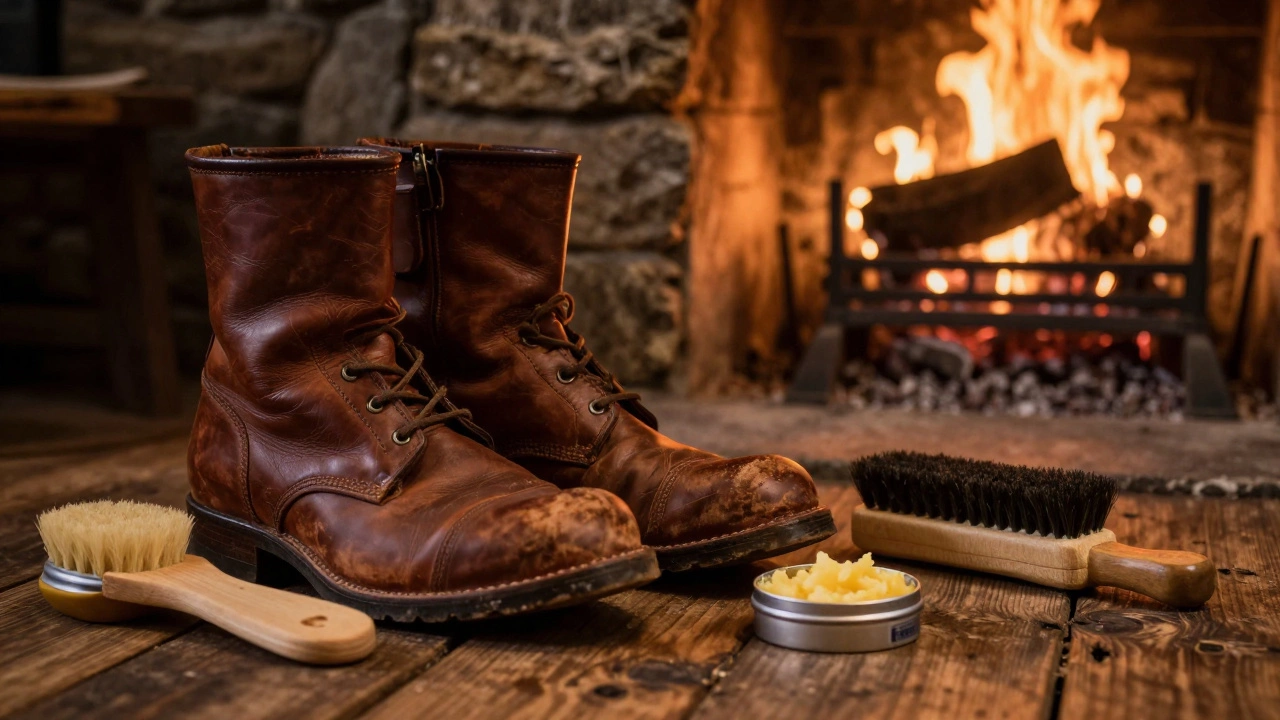 Leather boots and shoe polish kit by a warm cottage fireplace