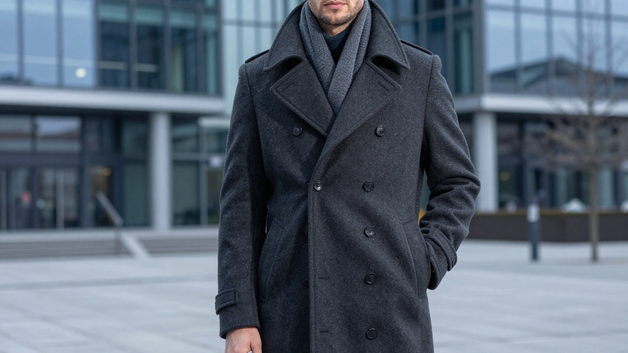 Man in a charcoal wool peacoat and wool scarf standing in the modern Dublin Docklands