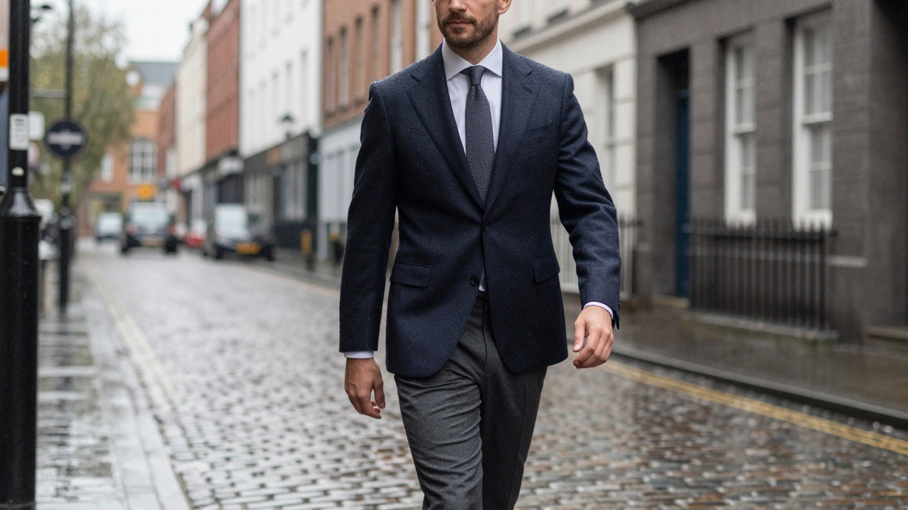 Man in a well-fitted bespoke wool suit walking on a rainy Dublin street.