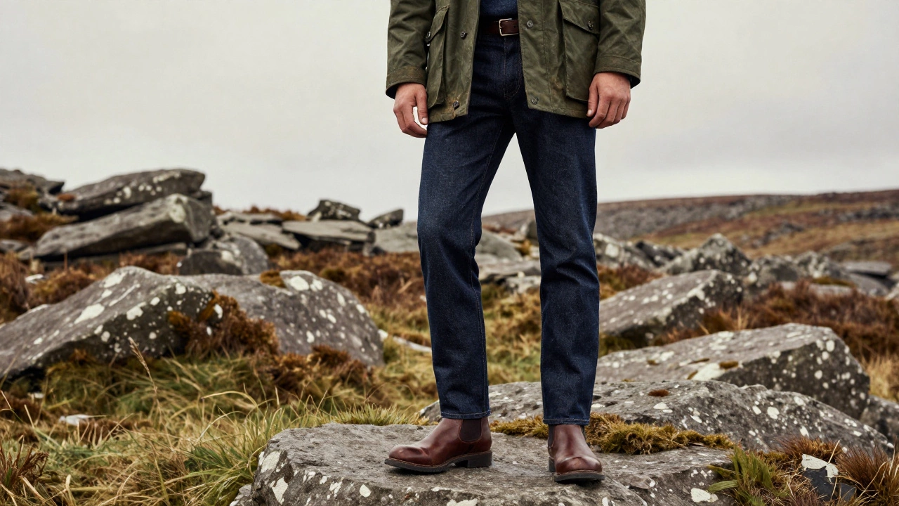 Man in the Burren wearing an olive waxed cotton jacket, dark jeans, and brown Chelsea boots.