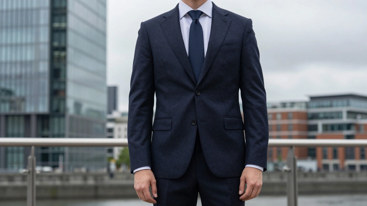 Man wearing a perfectly tailored navy blue luxury wool suit in a modern Dublin business district.