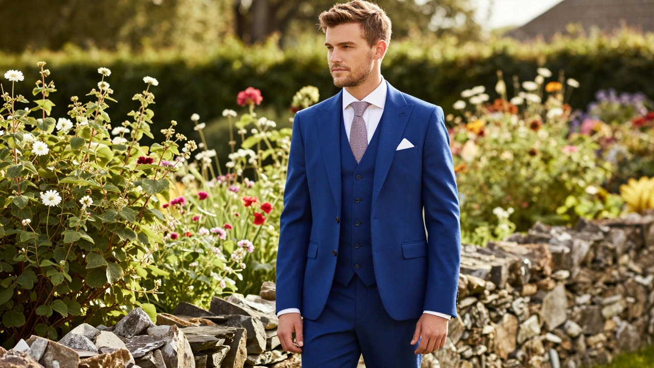 Man wearing a royal blue three-piece suit at an Irish garden wedding