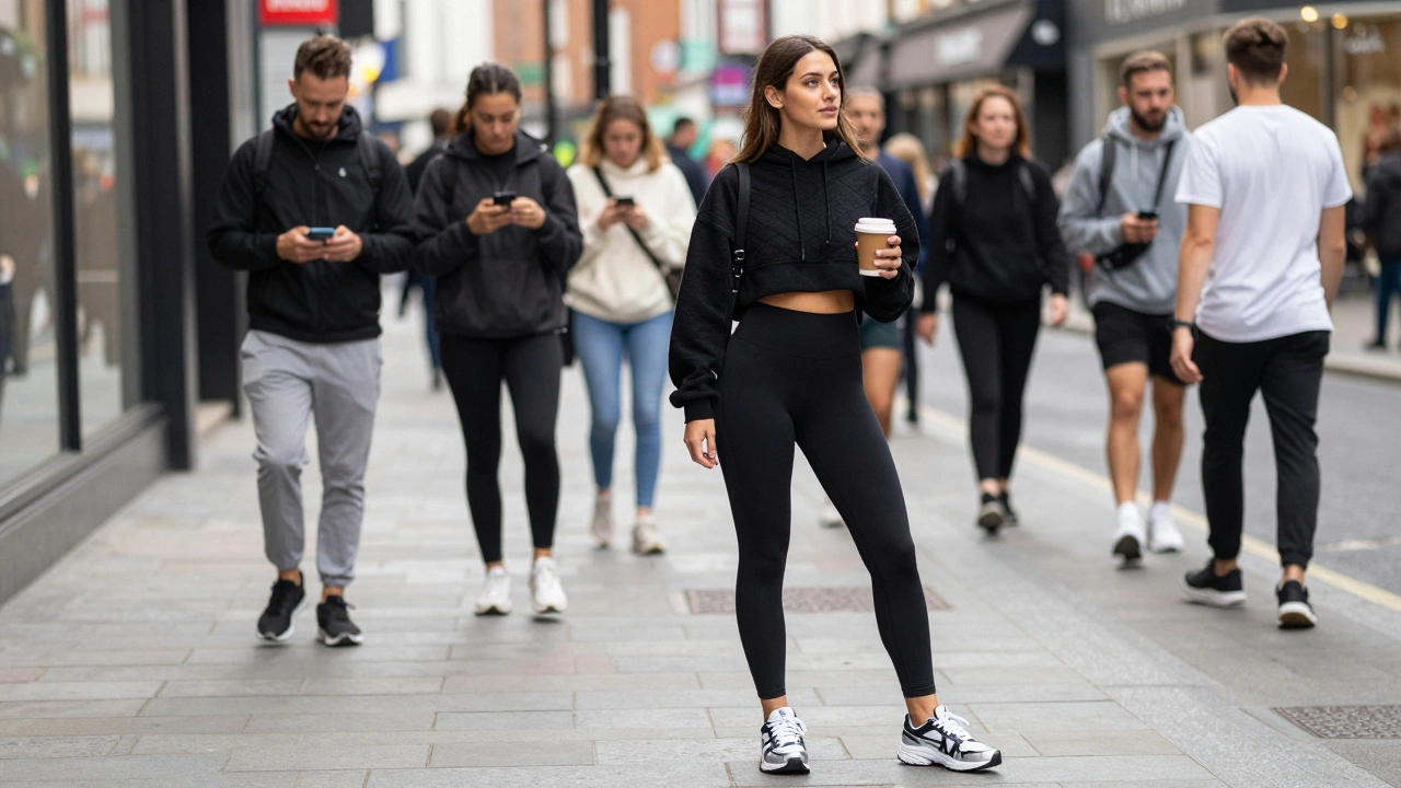 People wearing stylish athleisure clothing on a busy Dublin city street