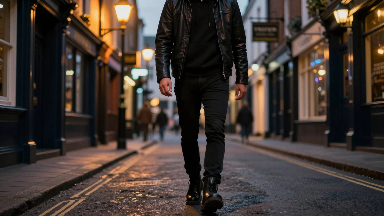 Person in an all-black leather jacket, hoodie, and jeans on a cozy Irish street.