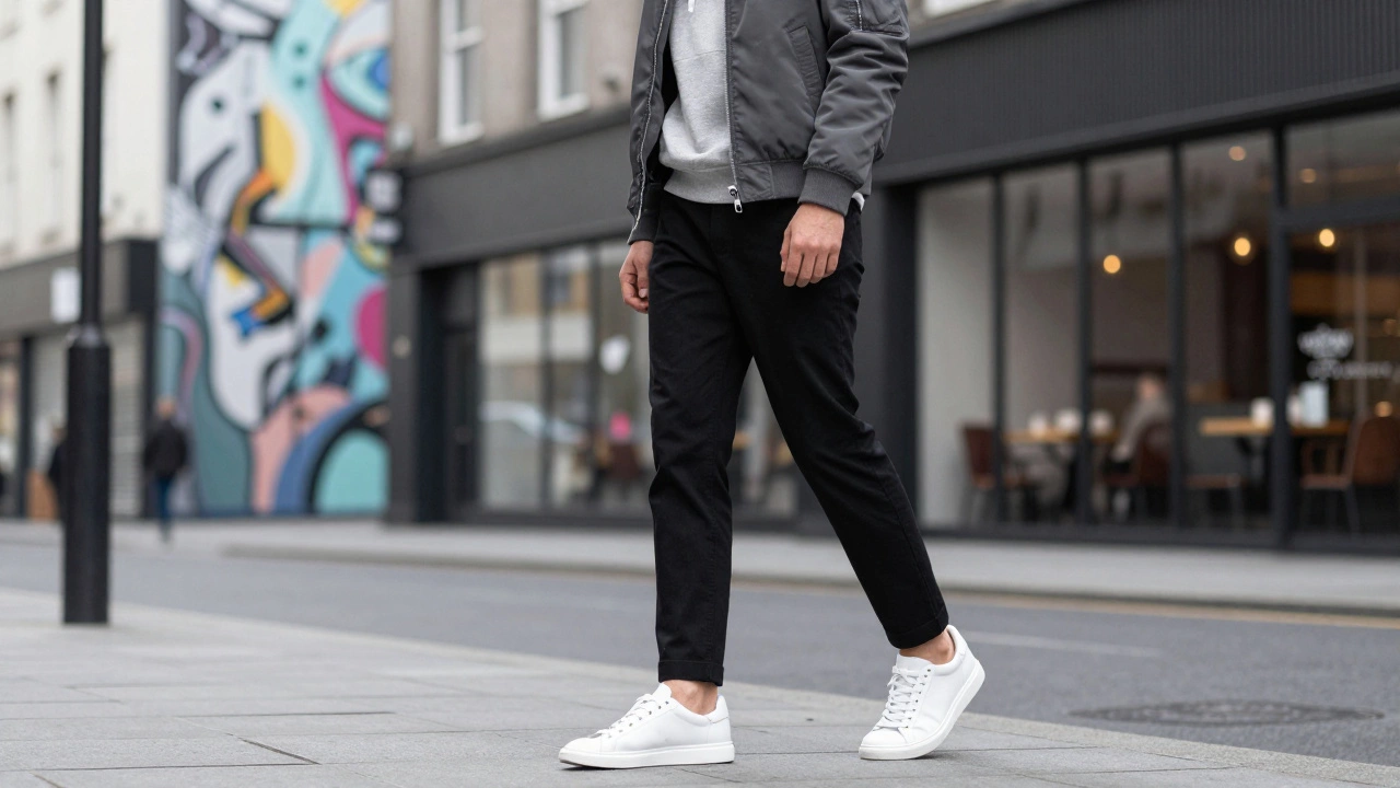 Person in Cork wearing a matte charcoal bomber jacket over a grey hoodie and white sneakers.