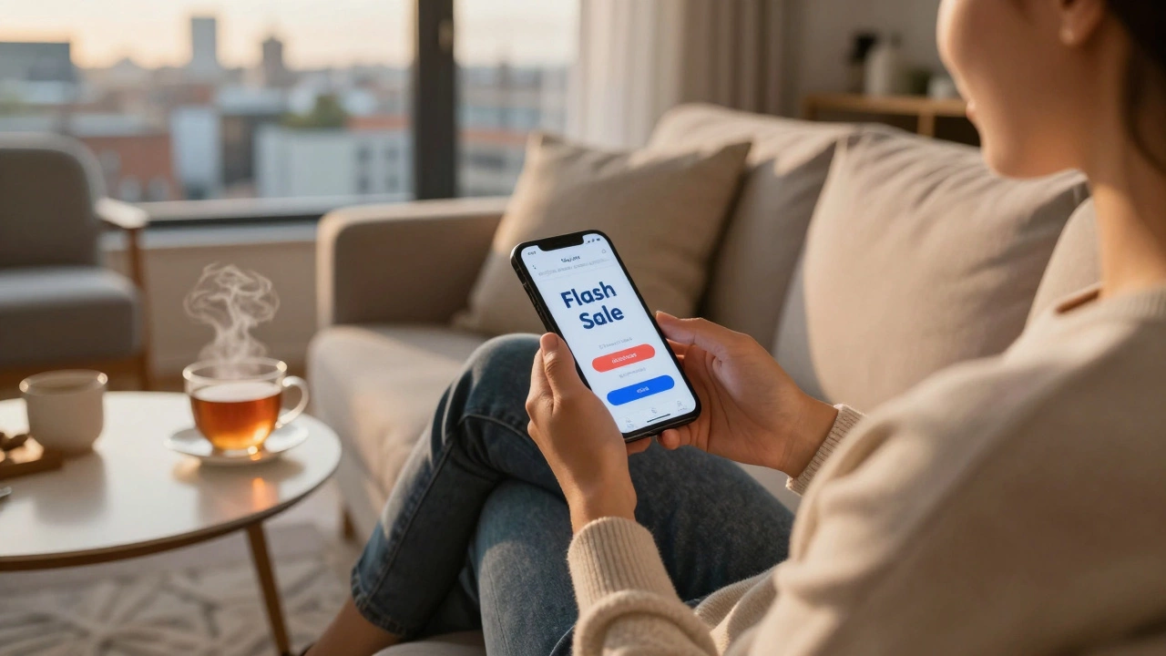 Person shopping for slippers on a smartphone while relaxing on a sofa with tea