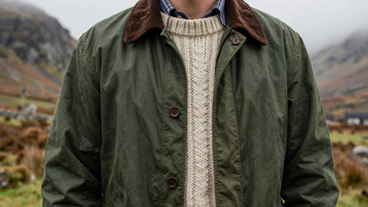 Person wearing a waxed cotton jacket over a chunky knit sweater in the misty Wicklow Mountains
