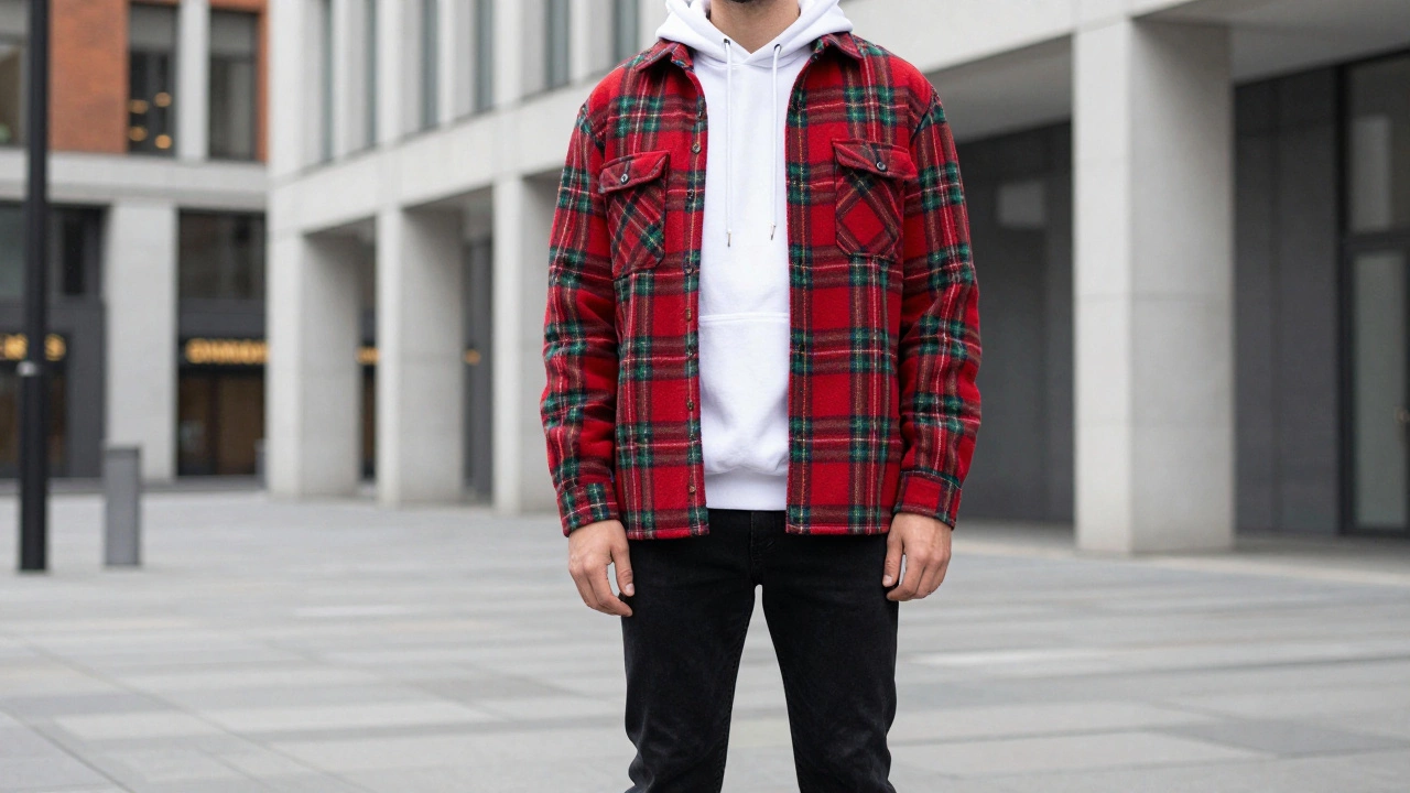 Person wearing a white hoodie under a plaid shacket with black jeans in a city.