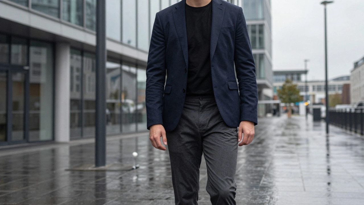 Professional man in a black t-shirt and blazer standing in the Dublin Silicon Docks