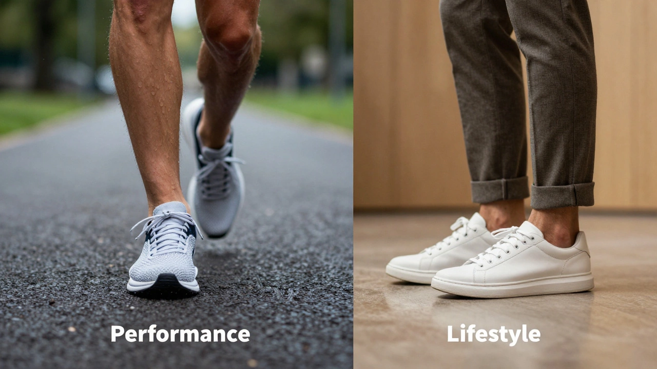 Split image comparing a high-performance running shoe and a stylish fashion sneaker.