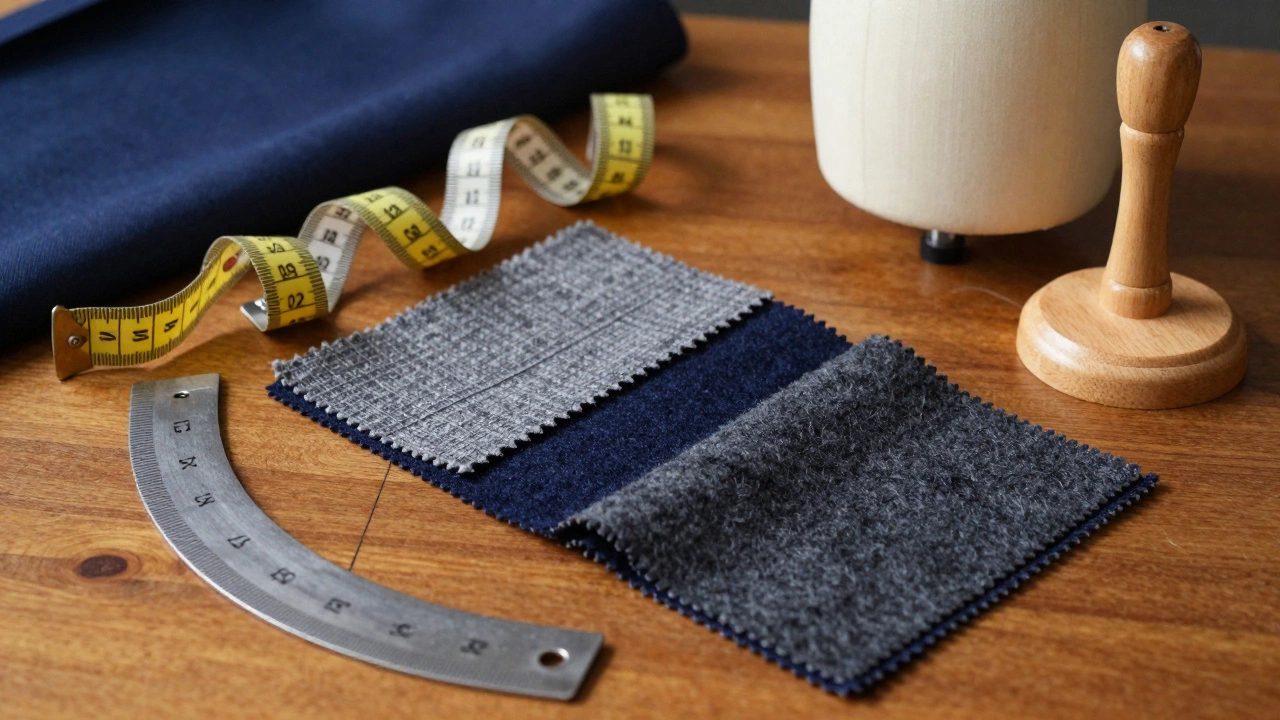 Tailoring workspace with wool fabric samples and measuring tools on wooden table