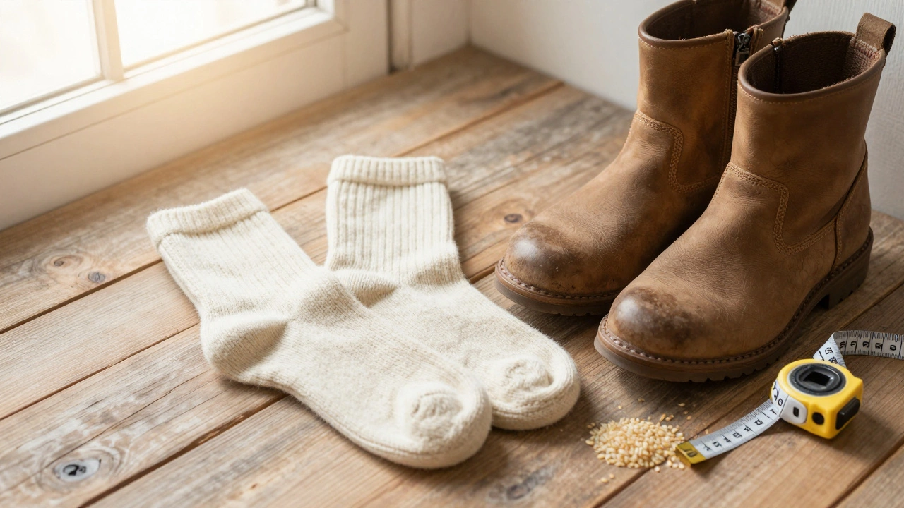 Thick wool socks and leather boots on a wooden floor with a measuring tape