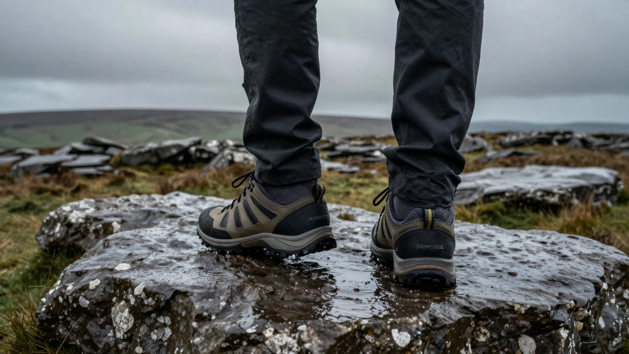 Water-resistant trail shoes stepping on the wet, rocky terrain of the Burren.