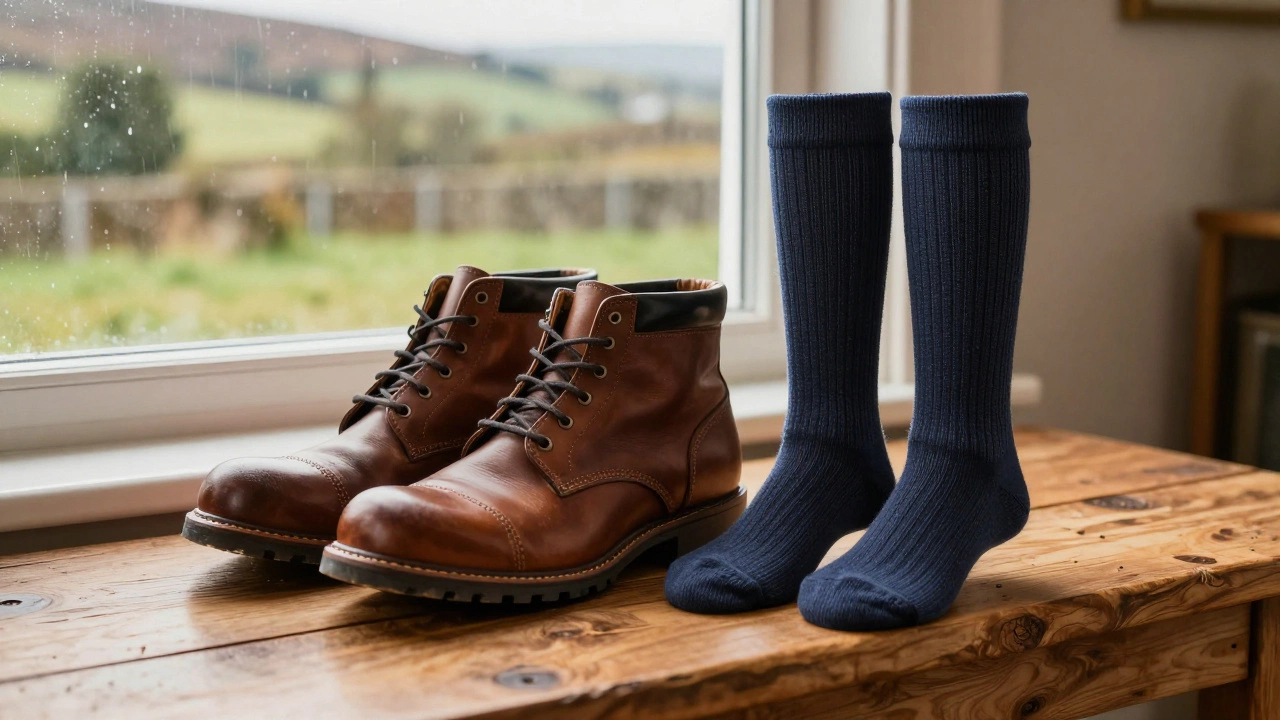 Water-resistant work shoes and wool socks on a wooden table