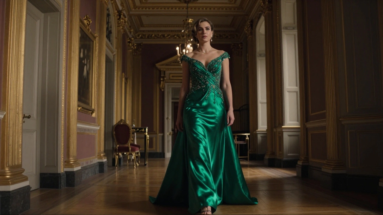 Woman in a floor-length emerald green silk evening gown in a grand manor house