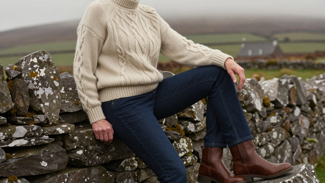 Woman in her 70s wearing a traditional cream Aran sweater and dark jeans in Ireland