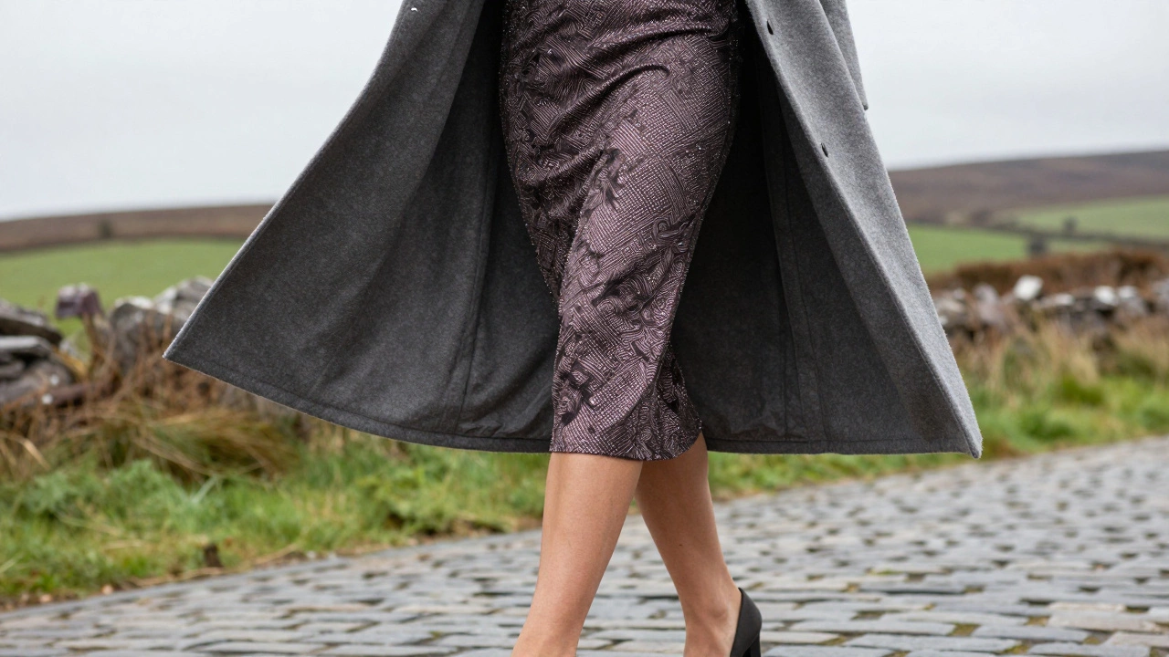 Woman wearing a jewel-toned midi dress with a tailored wool wrap in the Irish countryside