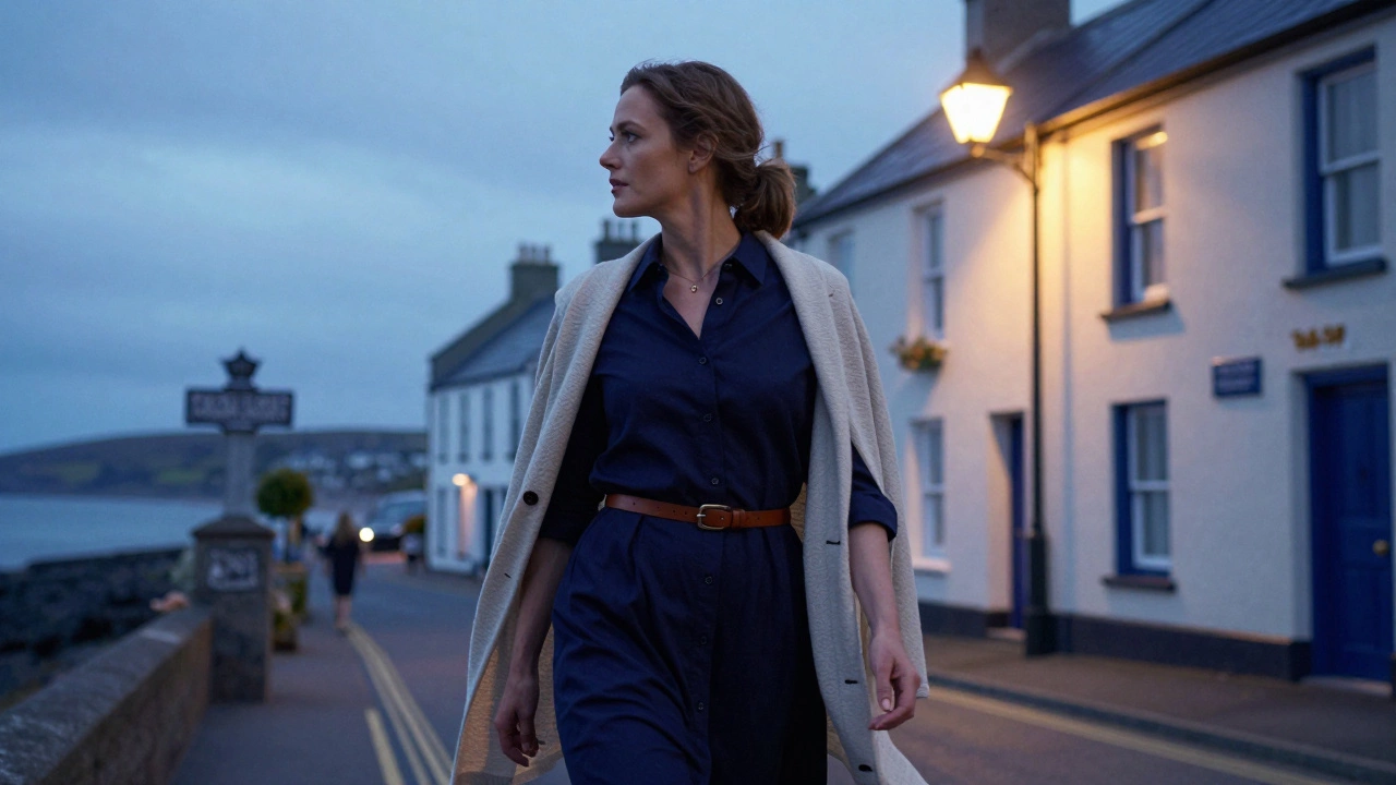 Woman wearing a navy shirt dress and cardigan in a coastal Irish village at dusk