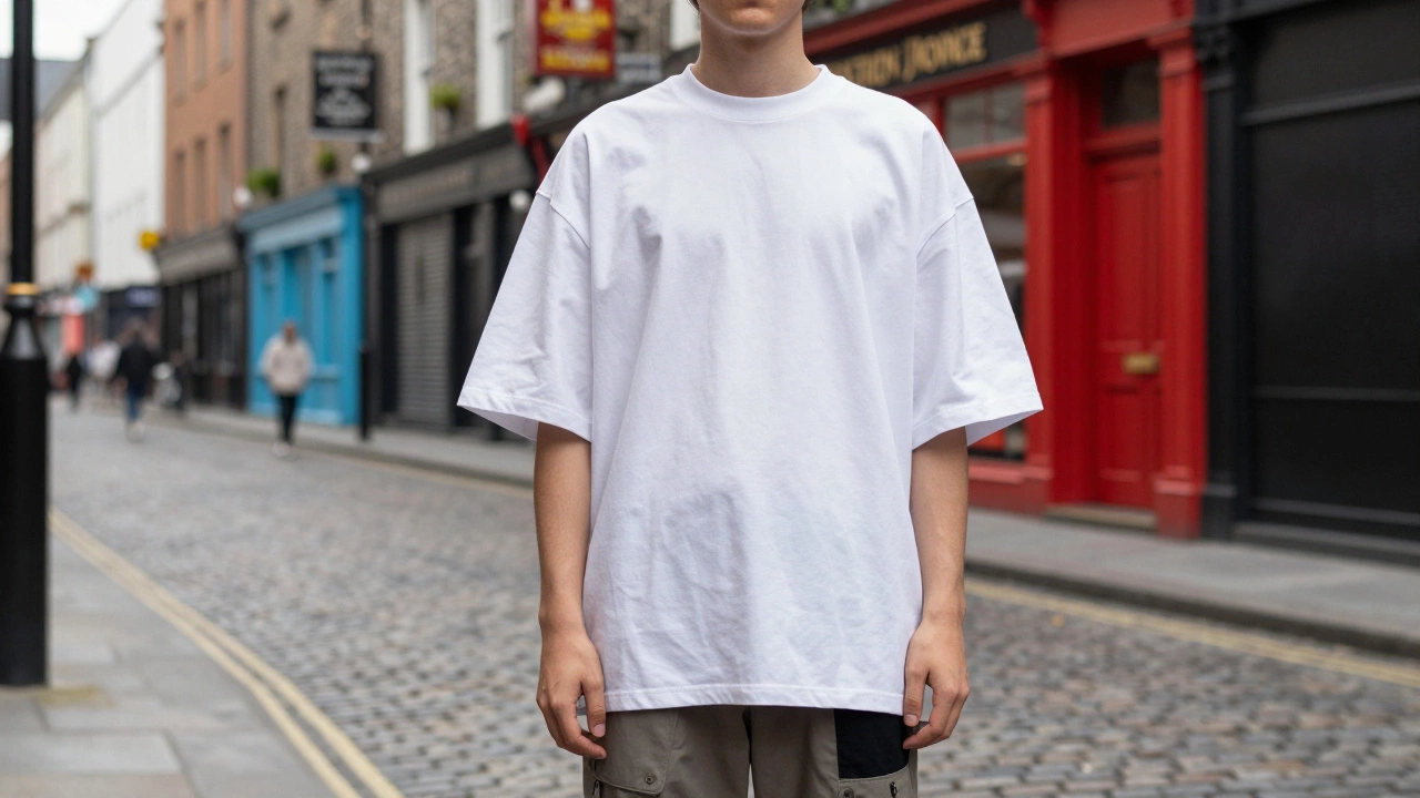 Young person wearing an oversized white streetwear t-shirt on a Dublin street.