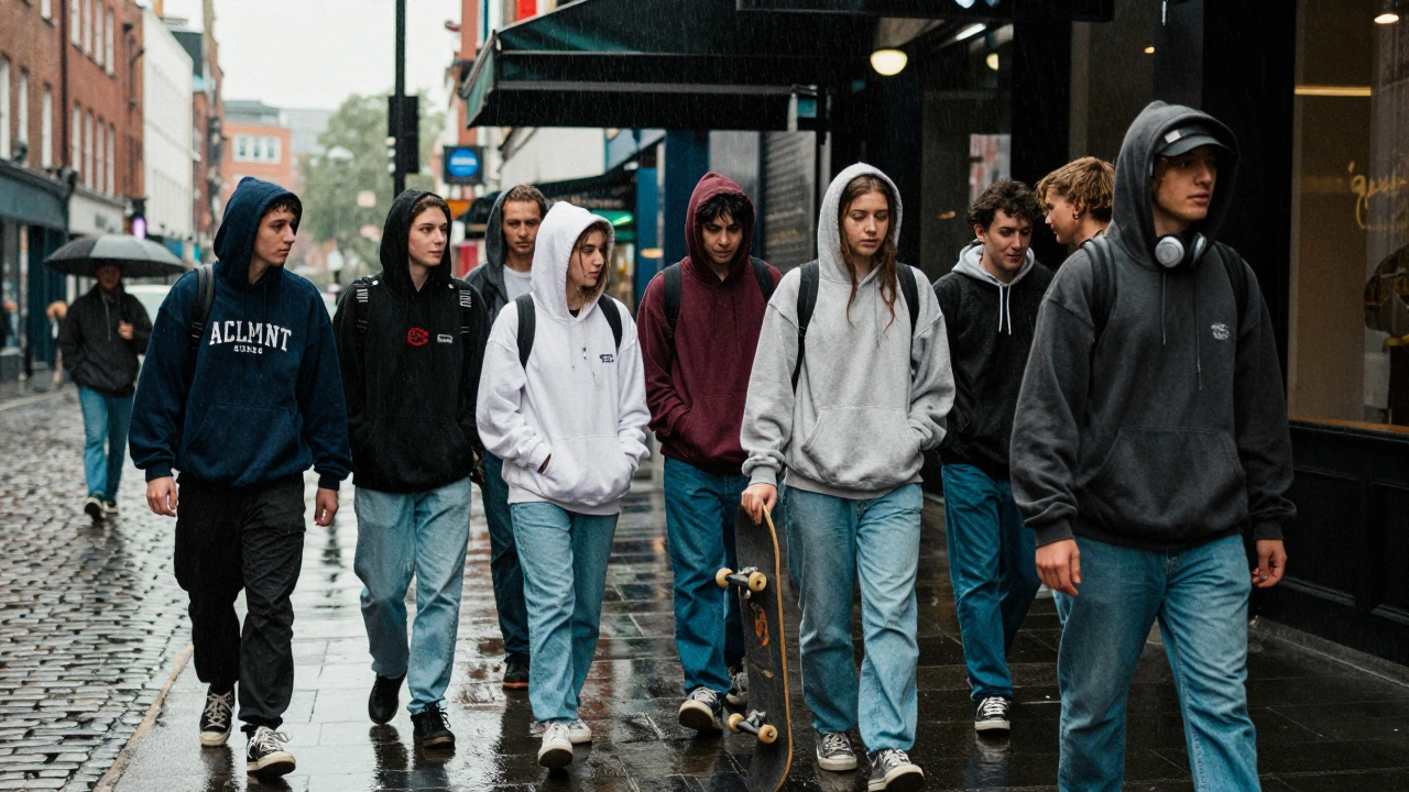 1990s Dublin youth in hoodies standing in rain, street culture vibe