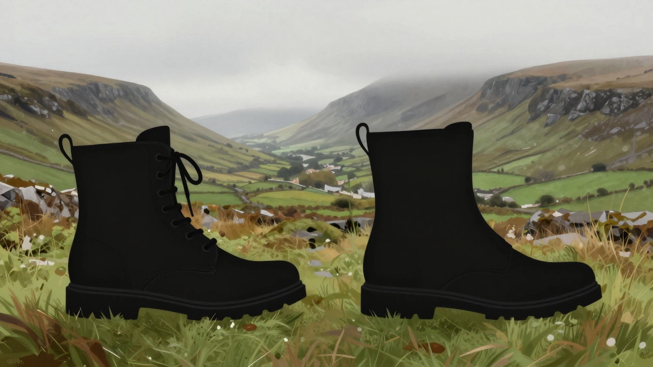 Boot silhouettes against misty Irish hills representing fit options