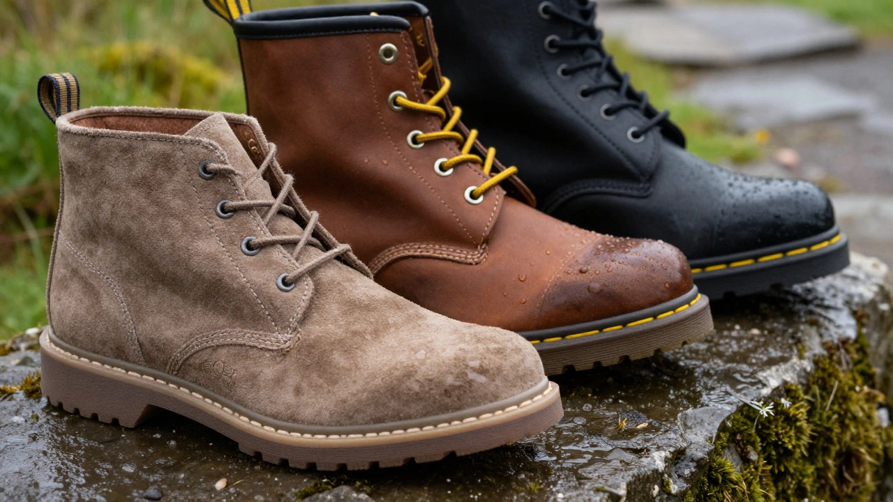 Clarks, Timberland, and Dr. Martens boots on wet stones in Ireland.