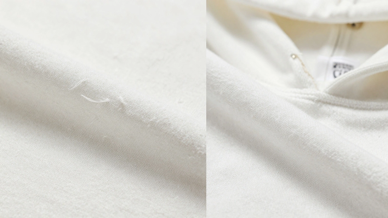 Close-up comparison of pilled cheap fabric vs smooth premium cotton