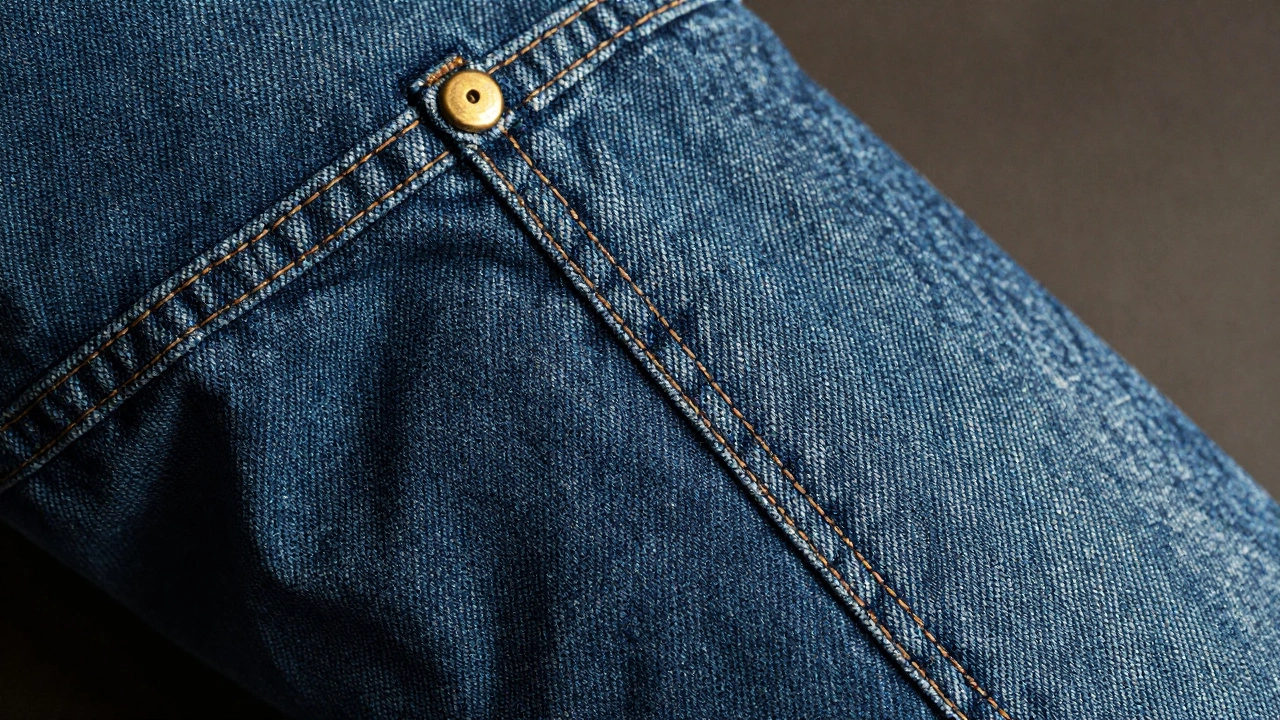 Close-up detail of premium denim showing brass rivets and chain stitching