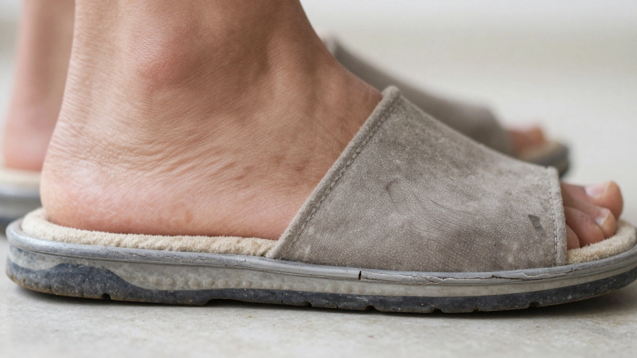 Close-up of a worn slipper sole showing cracked rubber and flattened arch support.