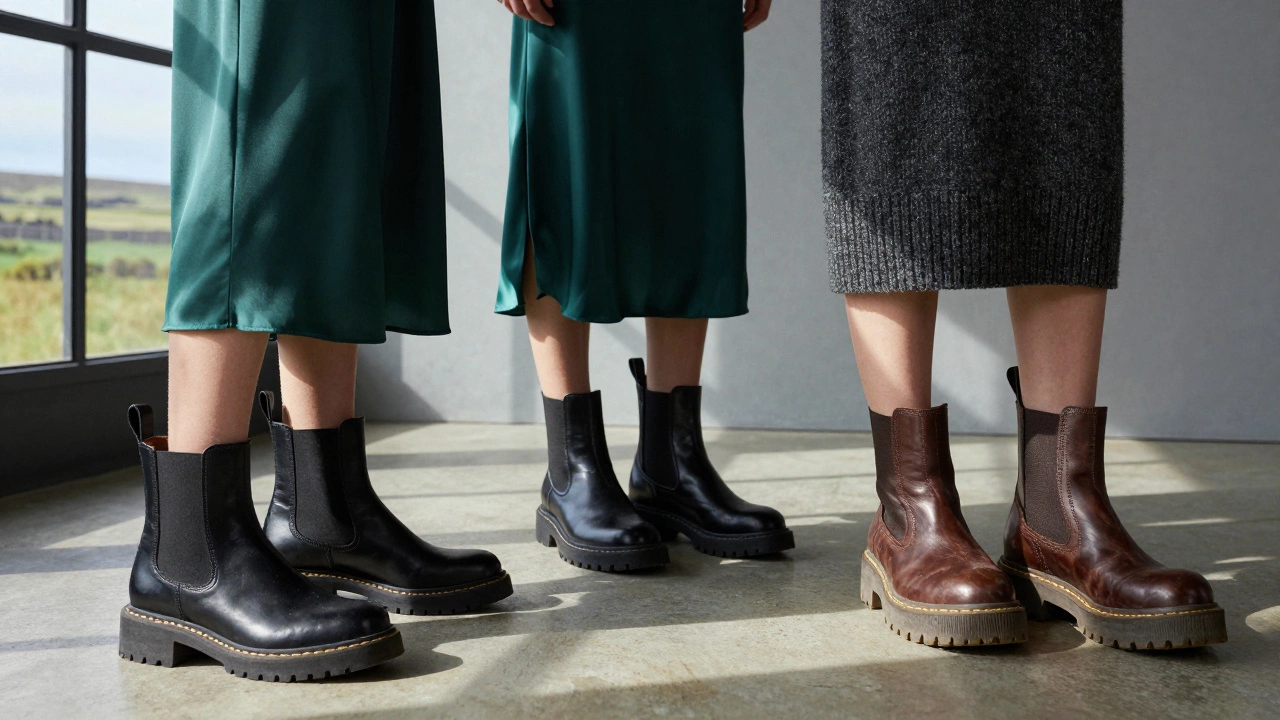 Close-up of Chelsea and lug-sole boots paired with silk and wool dresses