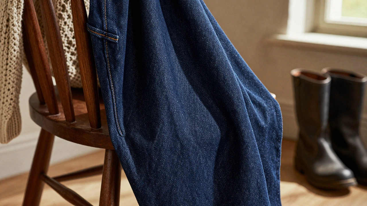 Close-up of durable dark indigo denim fabric on a wooden chair indoors.