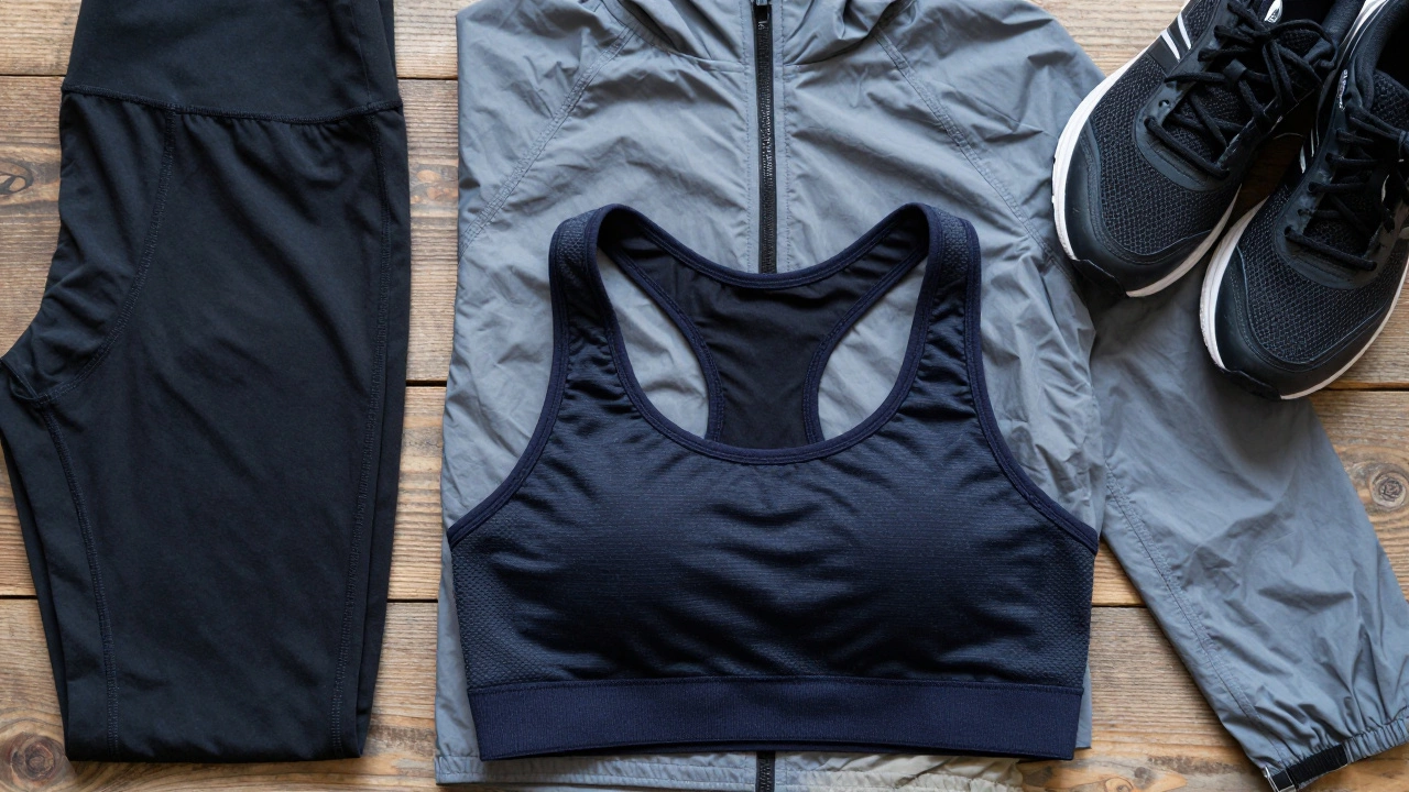 Close-up of gym essentials like leggings, trainers, and jacket