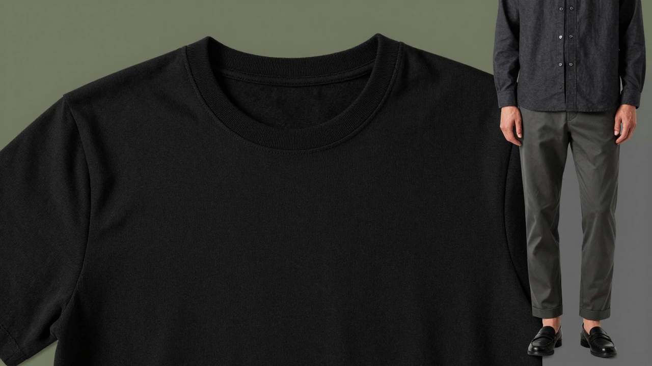 Close-up of high-quality black t-shirt fabric styled with casual workwear