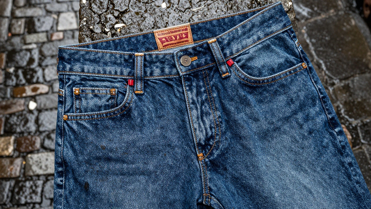 Close-up of Levi's 501 button fly and red tab on cobblestones