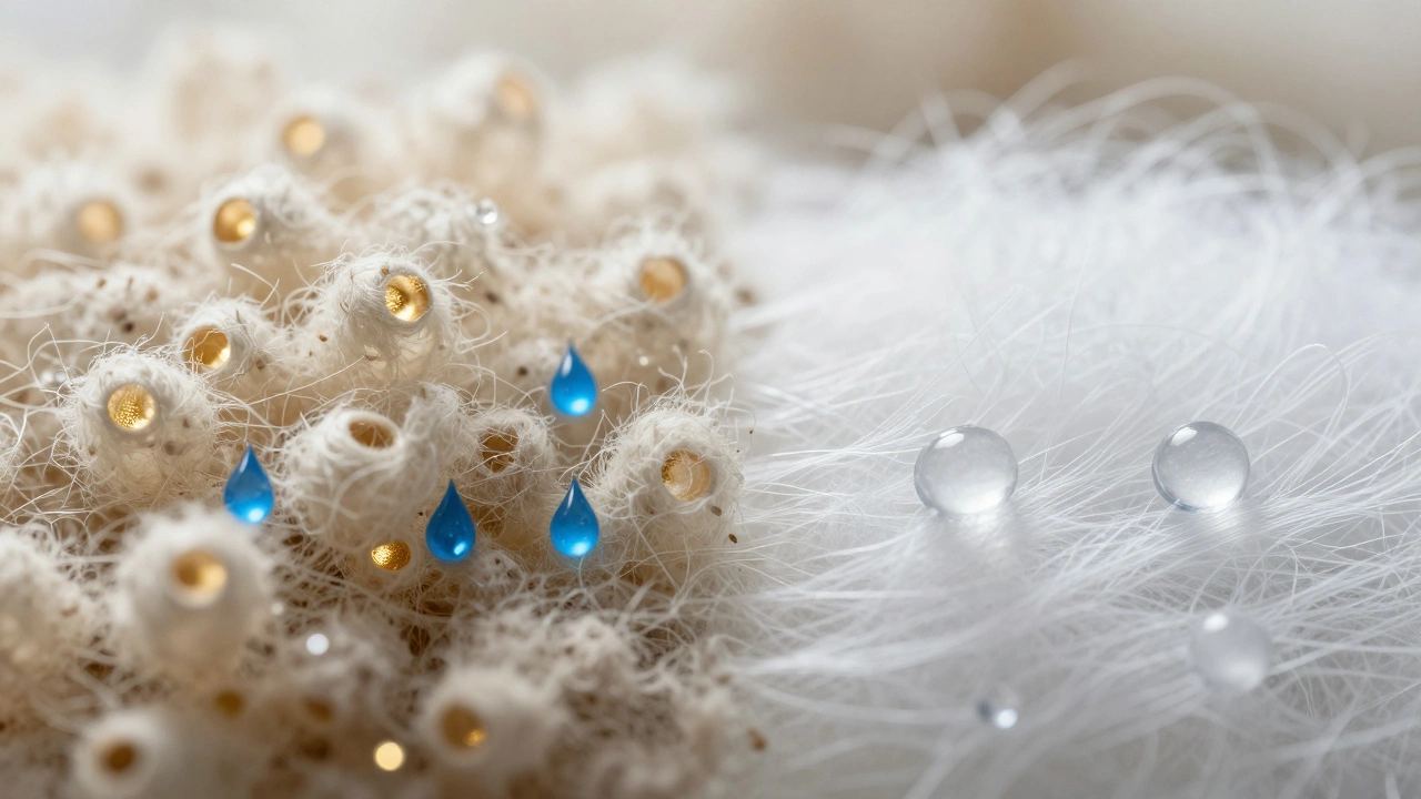 Close-up of sheepskin wool fibers trapping heat and moisture